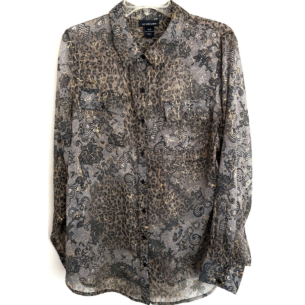 Lane Bryant Shirt Women 14/16 (1X) Brown Black Gold Sheer Button Up Animal Print